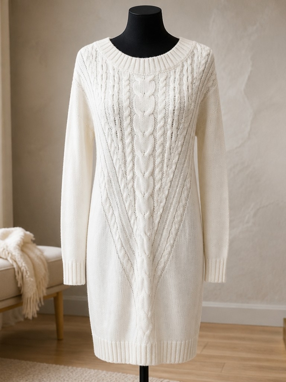 Garage Dress Womens Medium White Long Sleeve Cable Knit Crew Neck Sweater Dress